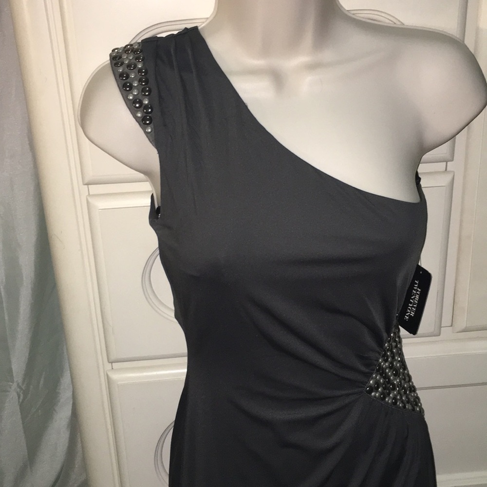 One shoulder charcoal dress
